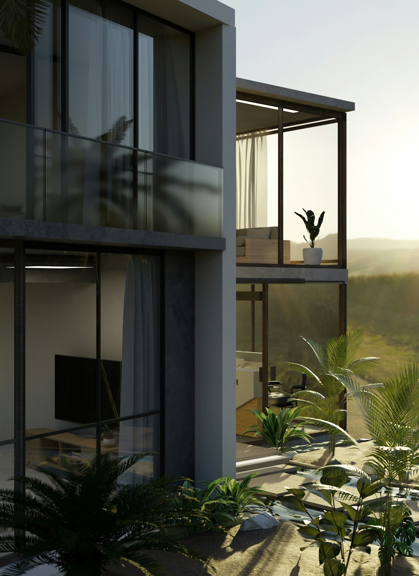 Modern loft home building exterior design with large glass wall, tropical trees and outdoor garden.